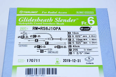 Terumo RS6J10PA Glidesbeath Slender Hydrophilic Introducer Fr. 6 ~ Pack of 5
